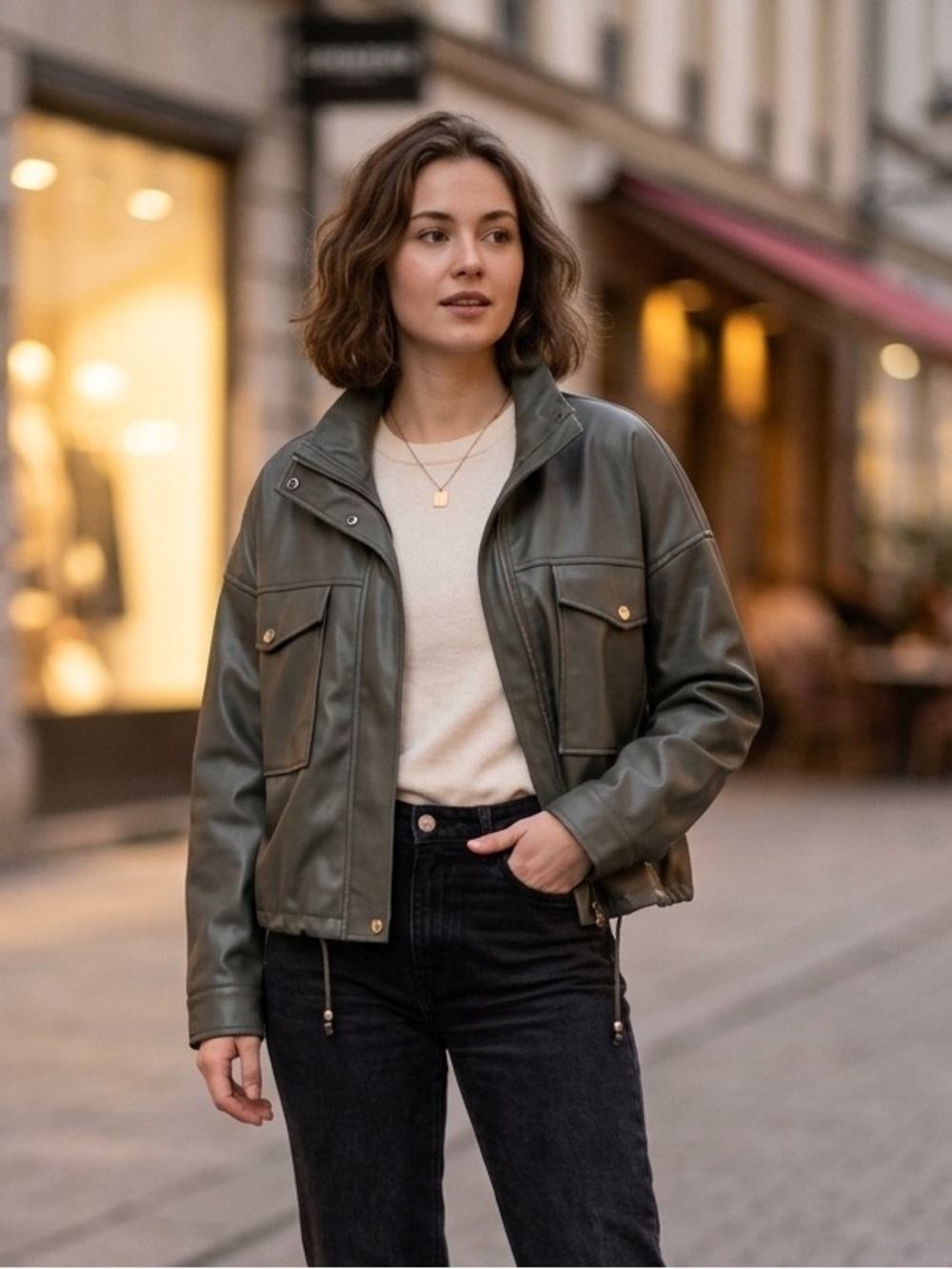 Tahari Faux Leather Cropped Utility Jacket Olive Green Boxy Gorpcore Size XL⁠